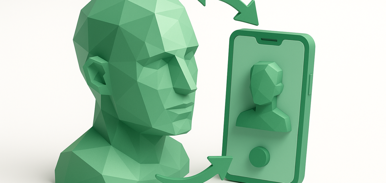 Mobil üzerinden yapay zeka destekli kişiselleştirilmiş işe alımı temsil eden, çift yönlü oklara sahip bir akıllı telefona bakan 3D poligonal kafa