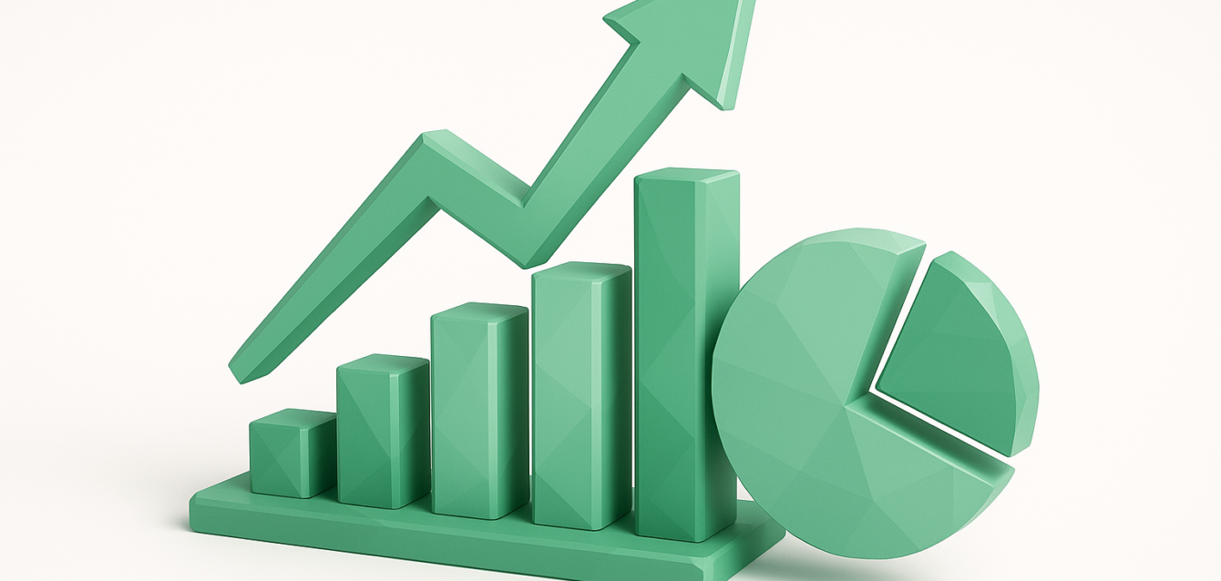 Predictive Analytics for Retail — Data-Driven Growth, Sales Forecasting & Inventory Insights 3D green bar chart and pie chart with an upward arrow representing predictive analytics driving retail growth, sales forecasting and data-driven insights