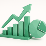 3D green bar chart and pie chart with an upward arrow representing predictive analytics driving retail growth, sales forecasting and data-driven insights