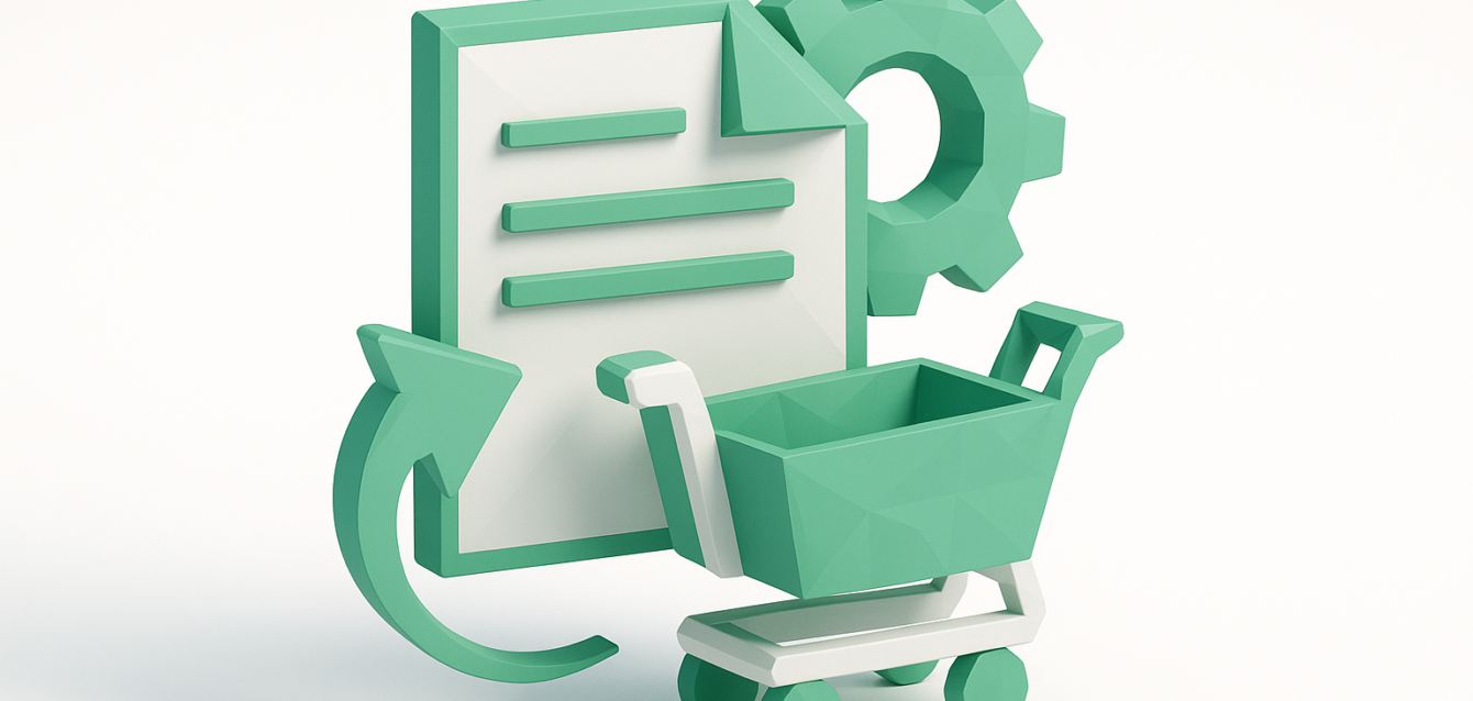 Stylized mint-green 3D icons of a shopping cart, document, gear and circular arrow representing modern procurement process automation and digital purchase orders for 2026