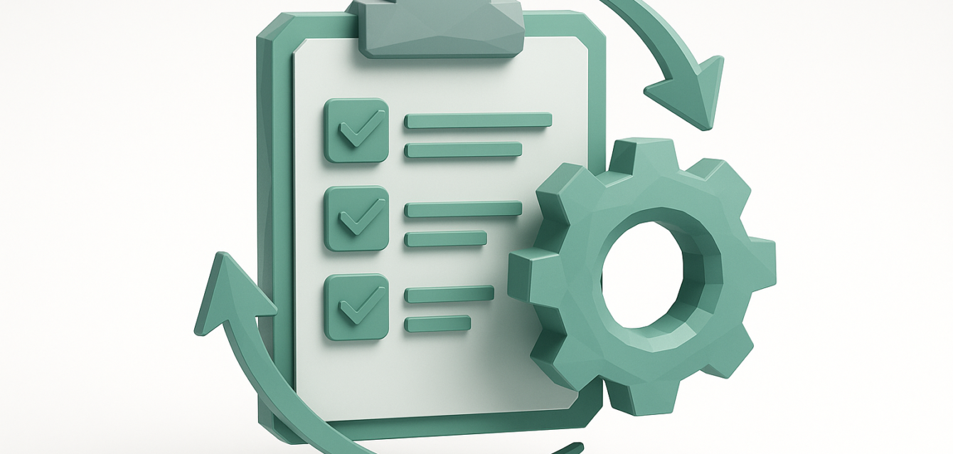 3D clipboard checklist with gear and circular arrows symbolizing procurement process automation and workflow optimization for 2026