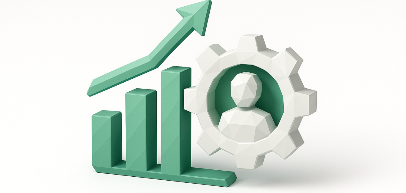 Müşteriyi elde tutmayı iyileştiren ve müşteri kaybını azaltan otomatik ilk katılımı simgeleyen, kullanıcı simgesi içeren bir dişlinin yanında yukarı doğru ok bulunan yükselen bir çubuk grafiğin 3D çizimi