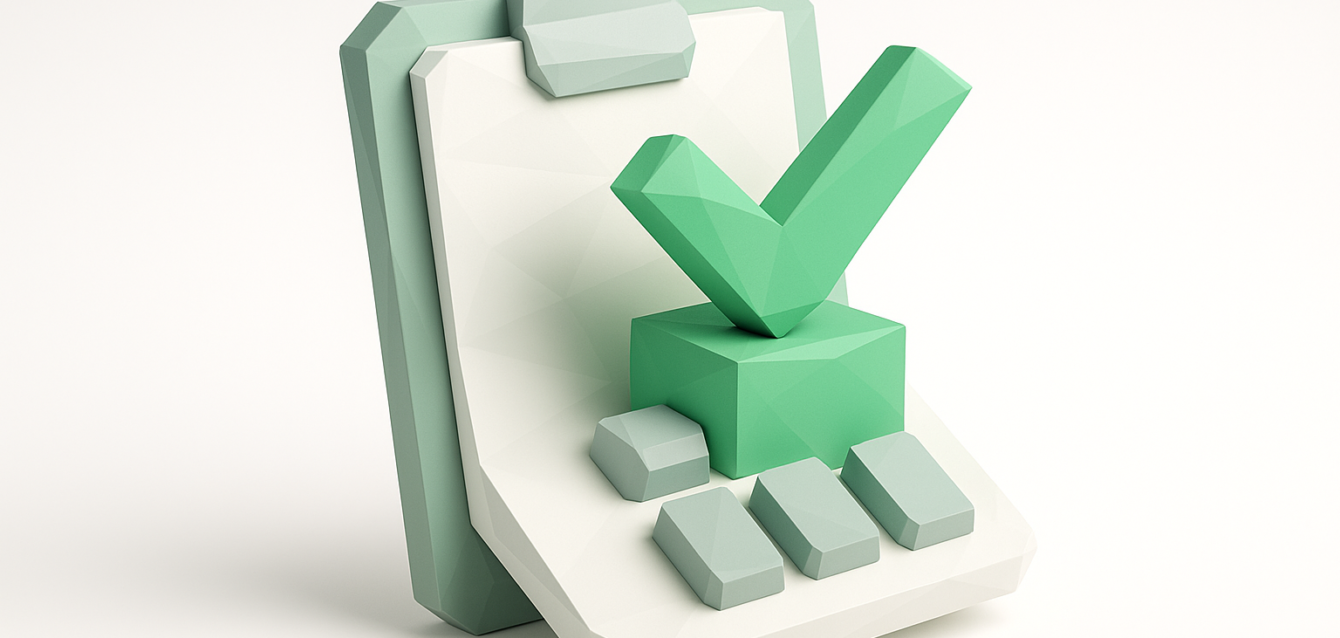 Stylized clipboard with keypad and large green checkmark symbolizing automated data entry and completed tasks to free your team from manual entry