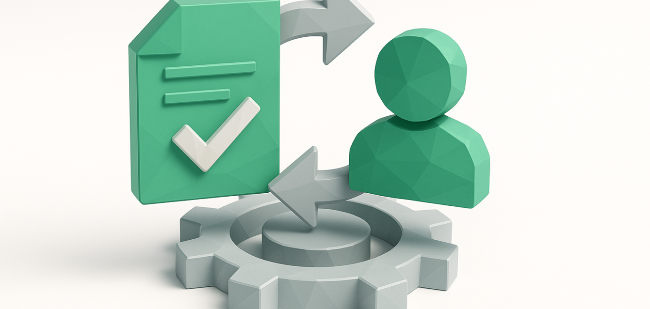 3D illustration of a document with a checkmark, user icon, and gear connected by arrows representing an automated sales-to-customer-success handoff process