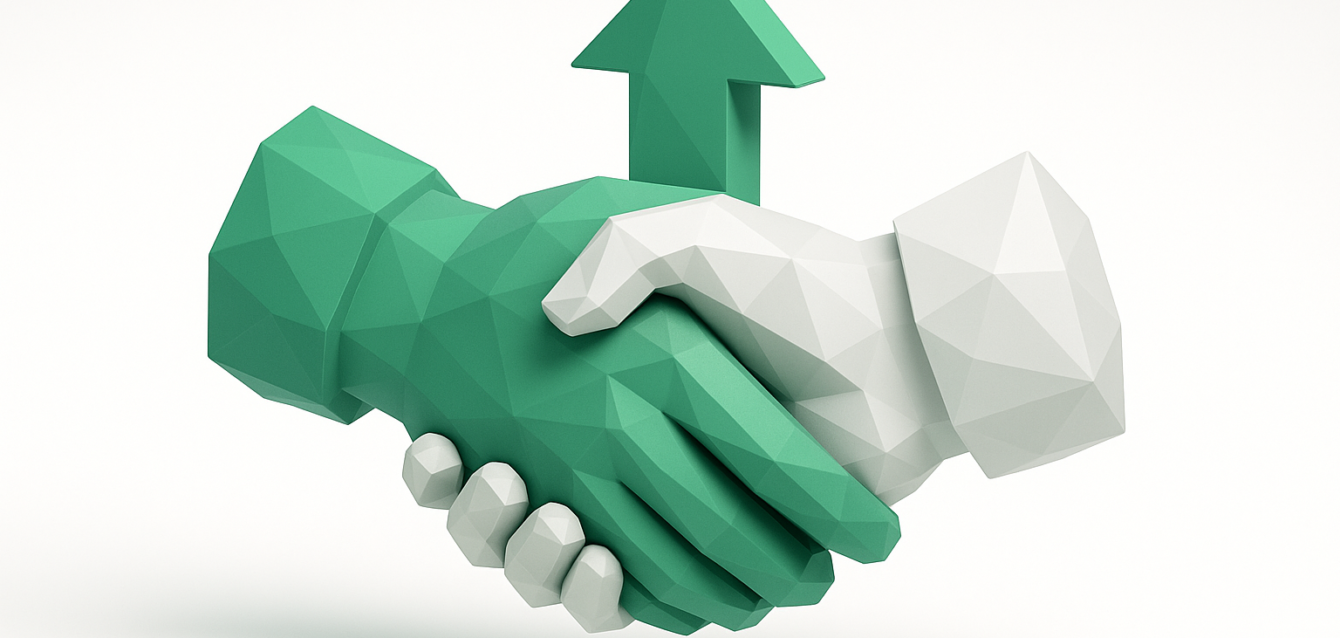 Low-poly green and white handshake with an upward arrow, representing automation of the sales-to-customer-success handoff and a streamlined onboarding workflow.