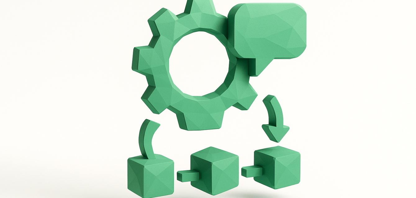 2026 için otomatik sosyal medya içeriği iş akışını ve araçlarını temsil eden konuşma balonu ve bağlantılı küplere sahip yeşil 3D dişli