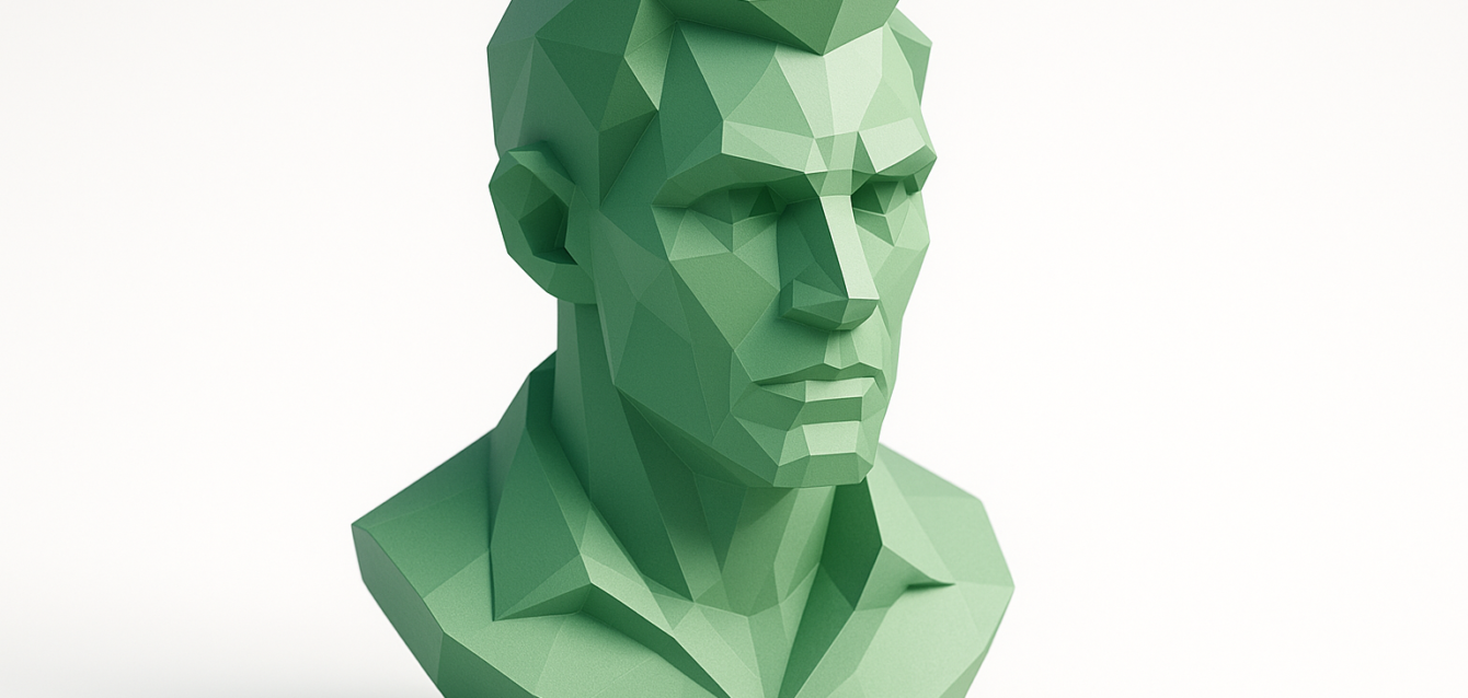 Low-poly green 3D bust of a male character with faceted geometric surfaces, used to illustrate consistent character features and modeling principles for Stable Diffusion character consistency techniques in the 2026 guide.