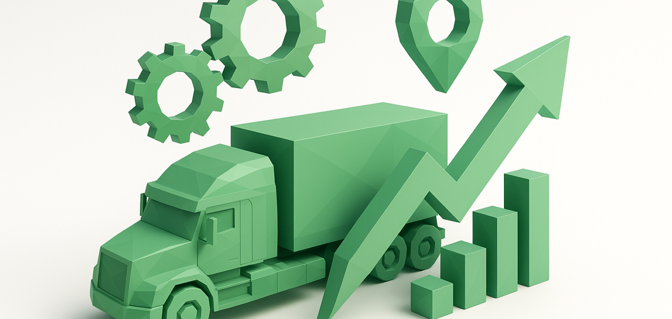 AI-Driven Supply Chain Optimization 2026 — Logistics Efficiency Illustration AI-driven supply chain optimization 2026: green 3D illustration of a delivery truck, gears, location pin, ascending arrow and bar chart symbolizing logistics efficiency, forecasting and performance gains