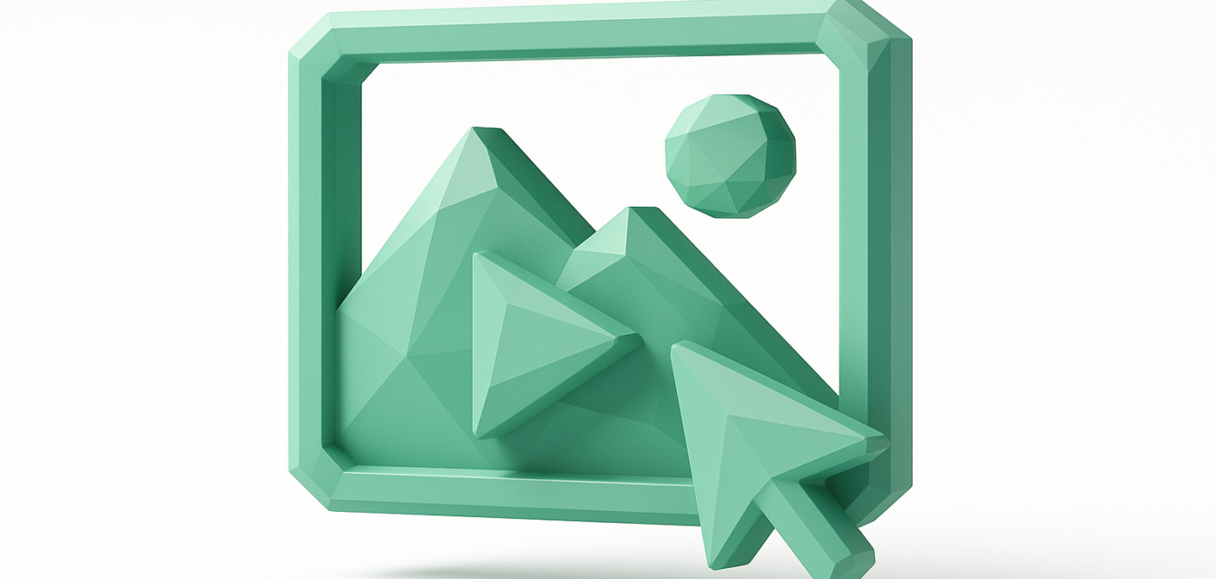 Teal low-poly image icon with mountains, sun and a cursor, representing AI photo animation tools and workflows for 2026