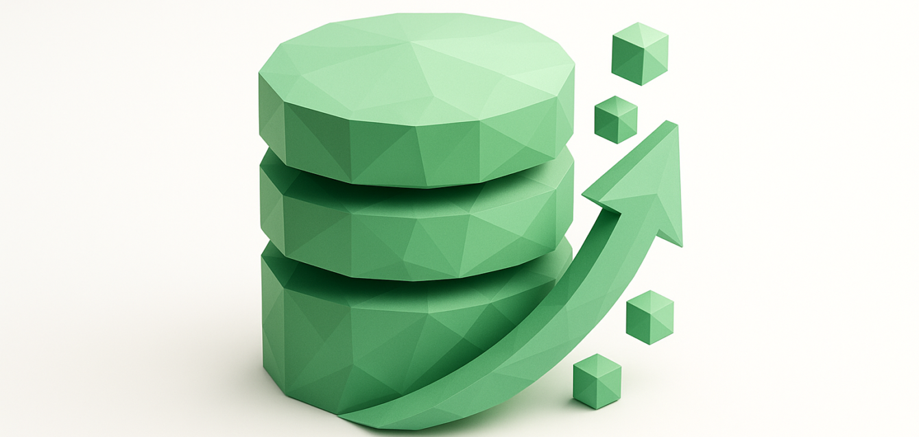 Vector Databases for Business — Unlock AI Memory ROI Low-poly green stacked database with an upward arrow and floating cubes symbolizing vector database scalability, AI memory and increased ROI for businesses