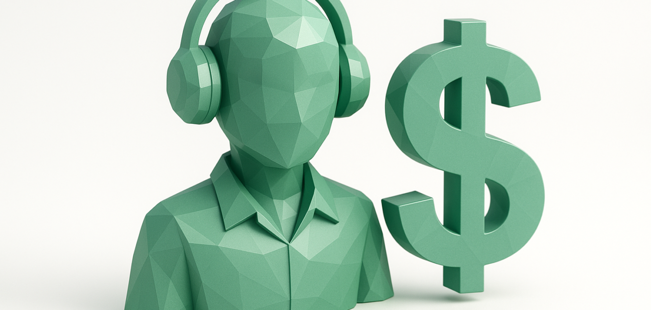 2026 Virtual Influencer Sponsorship Rates — 3D Avatar with Dollar Sign Green low-poly 3D virtual influencer avatar wearing headphones next to a large dollar sign, symbolizing 2026 sponsorship rates and influencer earnings