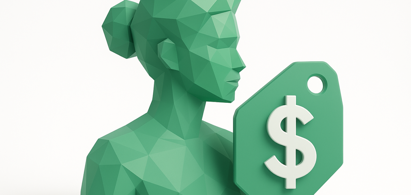 Low-poly green virtual influencer bust next to a large price tag with a dollar sign, illustrating virtual influencer sponsorship rates and pricing trends in 2026