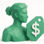 Virtual Influencer Sponsorship Rates in 2026 4 Low-poly green virtual influencer bust next to a large price tag with a dollar sign, illustrating virtual influencer sponsorship rates and pricing trends in 2026