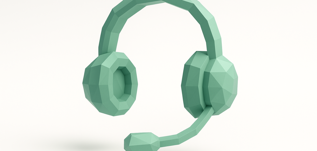 Voice AI Agents — Low-Poly Headset Illustration for Call Center Automation Low-poly mint-green headset with attached microphone on a pale background, symbolizing voice AI agents and AI-powered call center support