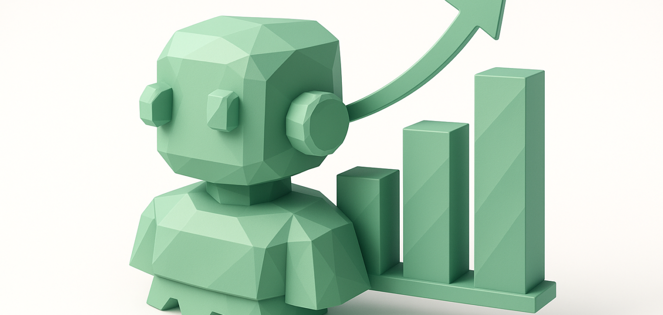 Yapay zeka pazarlama otomasyonu, analitiği ve büyümeyi temsil eden, yükselen bir çubuk grafik ve yukarı doğru okun yanında stilize edilmiş yeşil robot