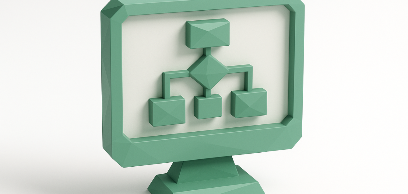 3D illustration of a computer monitor showing a green visual workflow diagram with connected blocks, representing low-code development, drag-and-drop app logic, and simplified application flows for business users