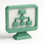 What Is Low Code Development? A Quick Business Guide 4 3D illustration of a computer monitor showing a green visual workflow diagram with connected blocks, representing low-code development, drag-and-drop app logic, and simplified application flows for business users