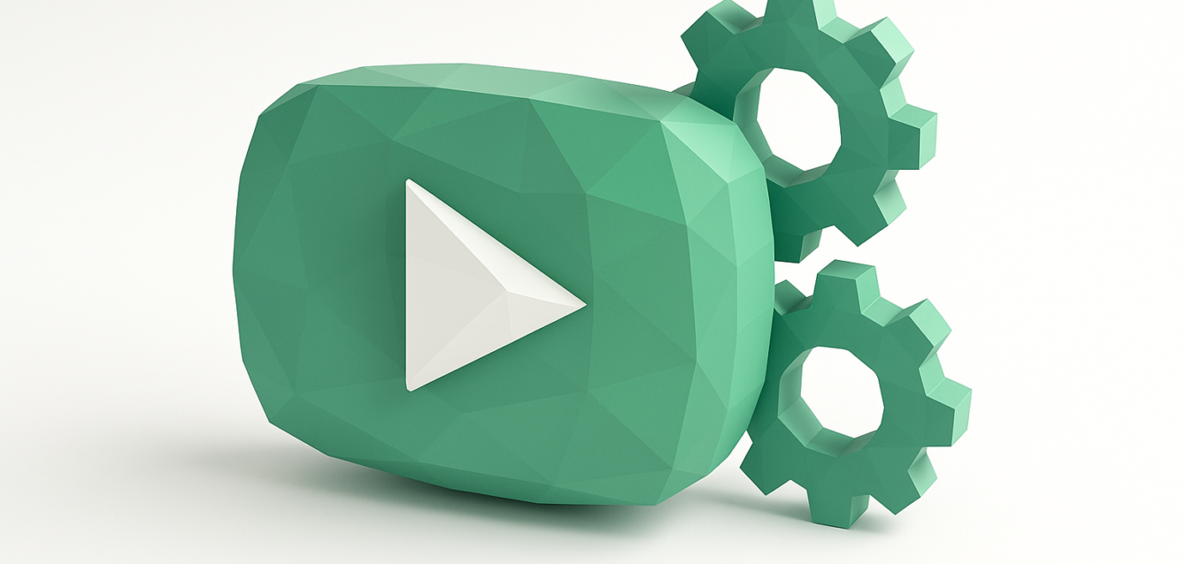 2026 için YouTube otomasyonunu, kanal iş akışlarını ve optimizasyon stratejilerini temsil eden, dişlilerle eşleştirilmiş 3D yeşil oynatma düğmesi simgesi