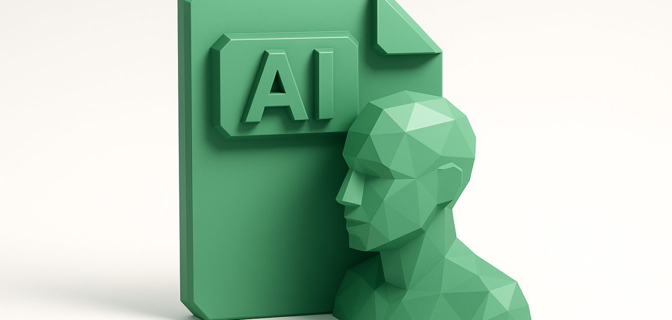 Green low-poly human bust beside a green document icon embossed with 'AI', symbolizing an AI agency retainer and ongoing AI partnership for continuous services