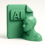 Green low-poly human bust beside a green document icon embossed with 'AI', symbolizing an AI agency retainer and ongoing AI partnership for continuous services