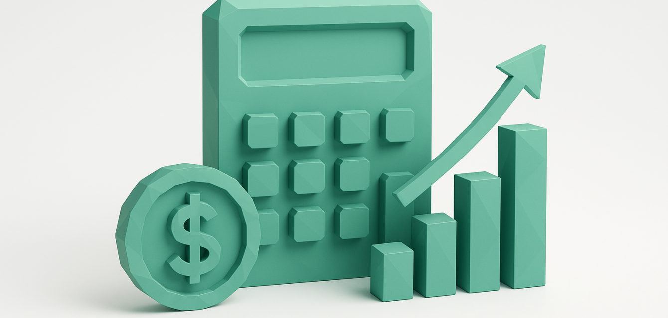 3D teal illustration of a calculator, dollar coin and rising bar chart with an upward arrow, symbolizing pricing and revenue growth for AI automation agencies (2026 cost guide).