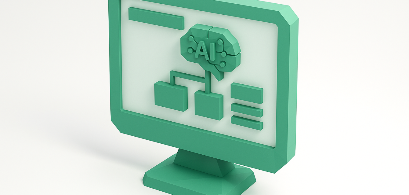 3D green computer monitor icon showing an AI brain connected to a workflow diagram, symbolizing AI automation and agency website design for 2026