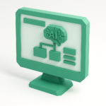 3D green computer monitor icon showing an AI brain connected to a workflow diagram, symbolizing AI automation and agency website design for 2026