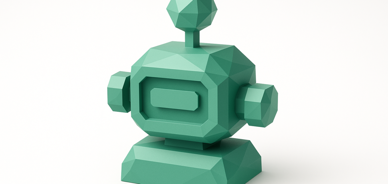 Low-poly green robot figurine on a white background symbolizing AI automation, workflow optimization, and improved business efficiency