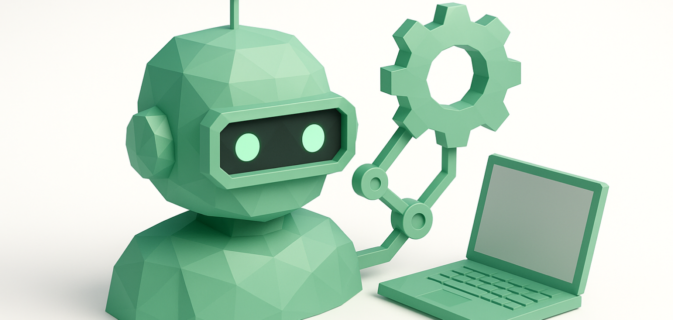 Low-poly green robot head with a mechanical arm holding a gear next to a laptop, representing AI consulting and enterprise automation services
