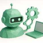 Low-poly green robot head with a mechanical arm holding a gear next to a laptop, representing AI consulting and enterprise automation services