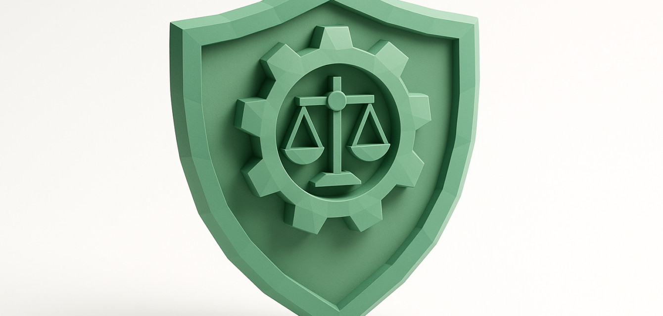 AI Ethics Shield — Business Trust & Compliance Green shield emblem featuring a gear and balanced scales icon, symbolizing AI ethics, governance, trust, and compliance in business.
