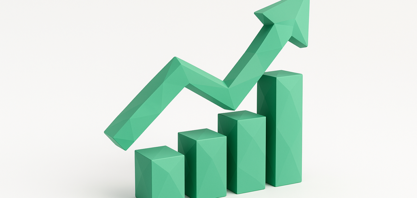 AI Demand Forecasting 2026 — Upward Trend Chart for Supply Chain Optimization Green low-poly 3D bar chart with four ascending rectangular columns and a jagged upward-pointing arrow on a white background, symbolizing growth and positive demand forecasts for AI-driven supply chain planning.