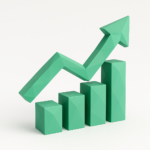 AI for Demand Forecasting: 2026 Supply Chain Guide 6 Green low-poly 3D bar chart with four ascending rectangular columns and a jagged upward-pointing arrow on a white background, symbolizing growth and positive demand forecasts for AI-driven supply chain planning.