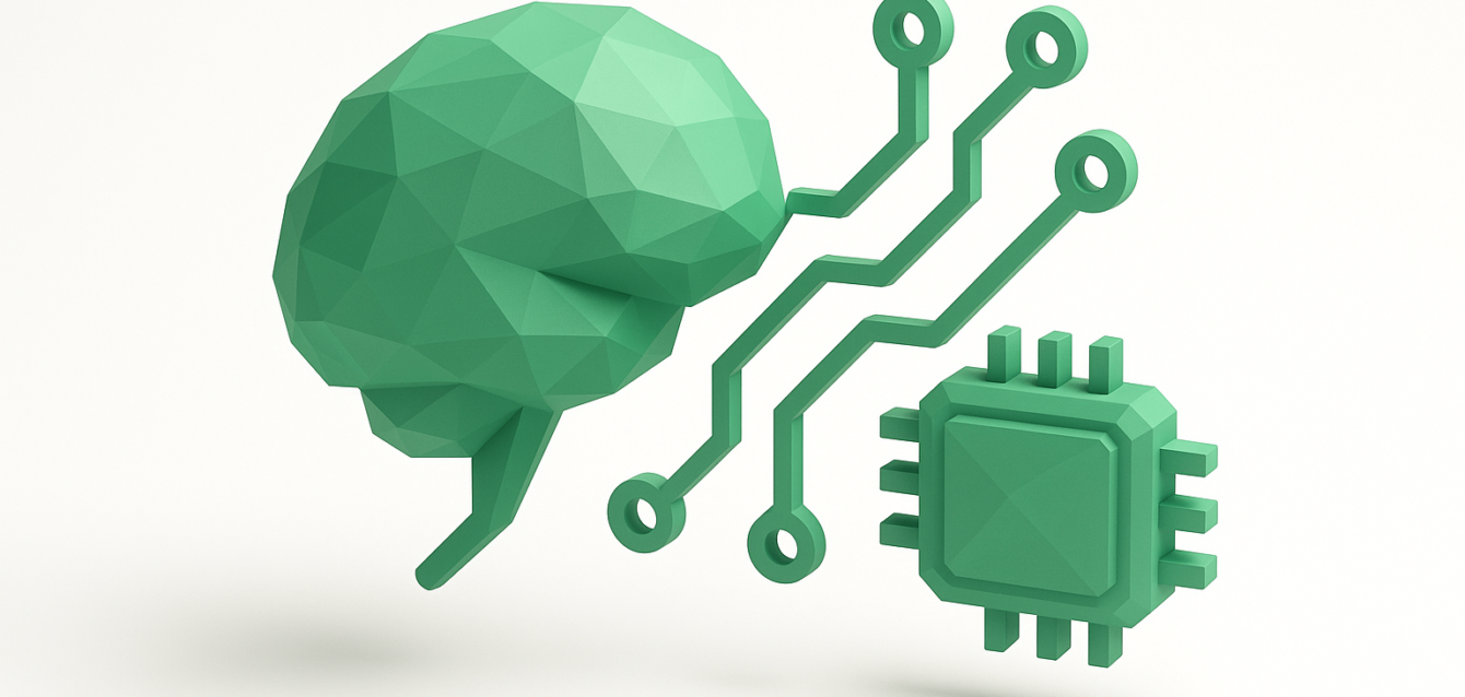 Low-poly green stylized brain connected to a microchip by circuit traces, symbolizing AI implementation, machine learning integration, and technology-driven business results