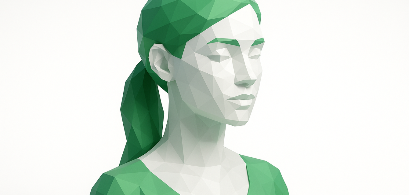 Polygonal 3D virtual influencer bust with green hair and clothing, stylized avatar representing AI influencer creation services and brand transformation