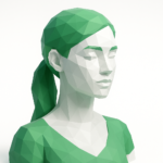 How AI Influencer Creation Services Transform Your Brand 5 Polygonal 3D virtual influencer bust with green hair and clothing, stylized avatar representing AI influencer creation services and brand transformation