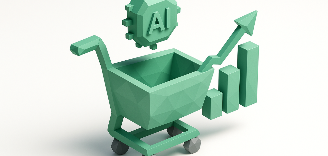AI Solutions for E-commerce: 2026 Roadmap — AI-Driven Shopping Cart Growth & Analytics 3D green shopping cart with an AI chip icon above and an ascending bar chart with arrow, representing AI-driven e-commerce growth and analytics for 2026.