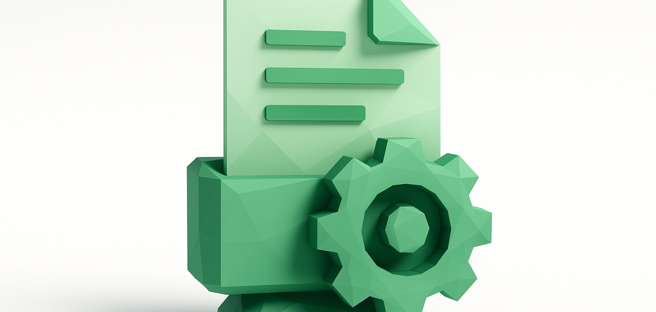 3D green icon of a document and gear on a pedestal, symbolizing automated client reporting and streamlined reporting workflows for faster, clearer insights.