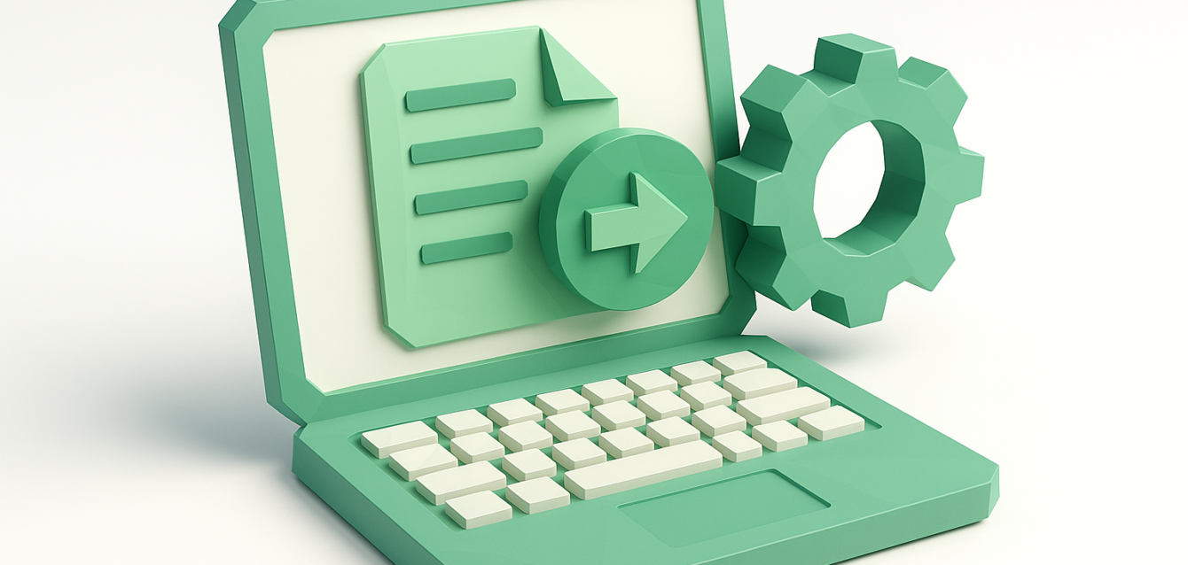 3D laptop with document, arrow and gear icons representing automated data entry and low-code app workflows