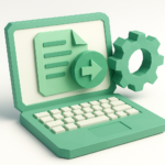 3D laptop with document, arrow and gear icons representing automated data entry and low-code app workflows