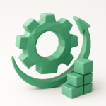 3D green gear with an encircling upward arrow and stacked blocks, symbolizing automation managed services to streamline operations