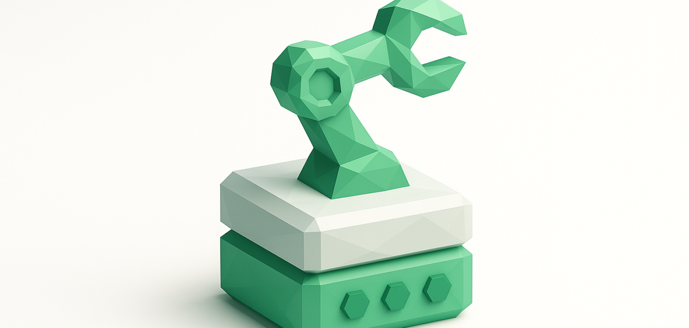 Low-poly green robotic arm mounted on a two-tier base with control buttons, symbolizing automation service packages and a simplified workflow.