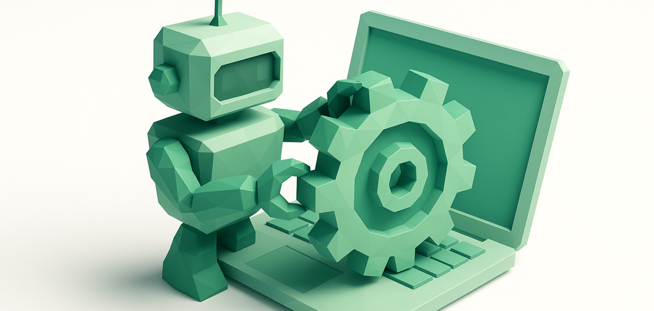 Green low-poly robot adjusting a large gear on a laptop keyboard, symbolizing B2B workflow automation and process optimization
