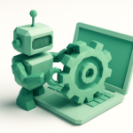 B2B iş akışı otomasyonu ve süreç optimizasyonunu simgeleyen, dizüstü bilgisayar klavyesindeki büyük bir dişliyi ayarlayan yeşil düşük poli robot