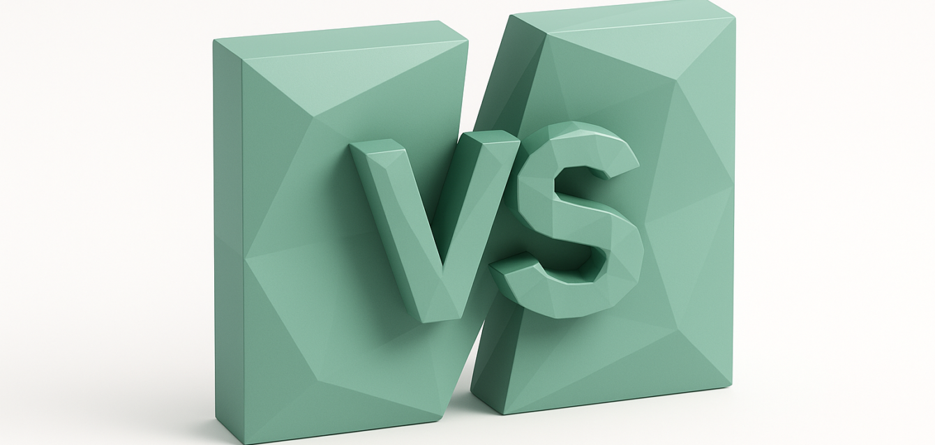 3D teal 'VS' sculpture between two geometric blocks, representing a Backendless vs Xano backend comparison for 2026 projects