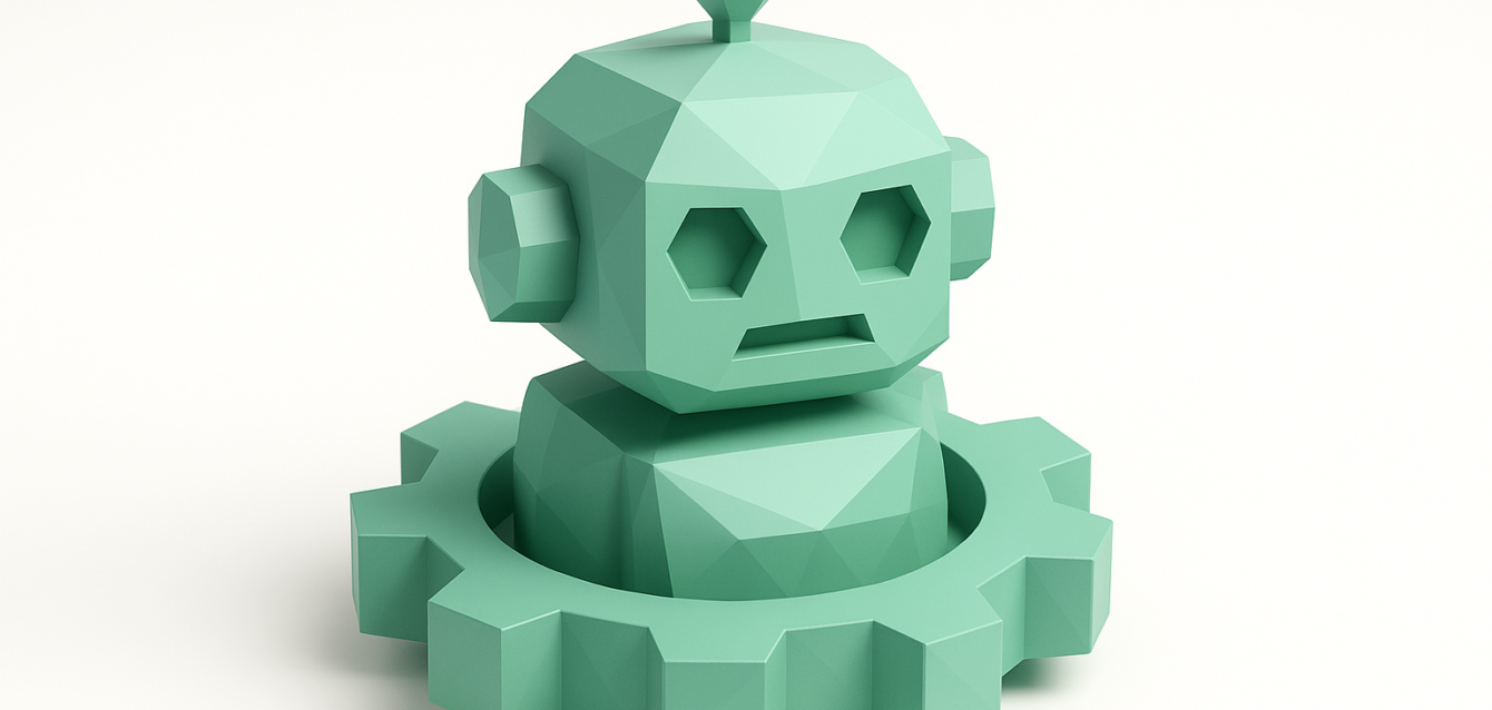 Low-poly mint-green robot head emerging from a gear, symbolizing AI automation and choosing the best AI automation agency in 2026