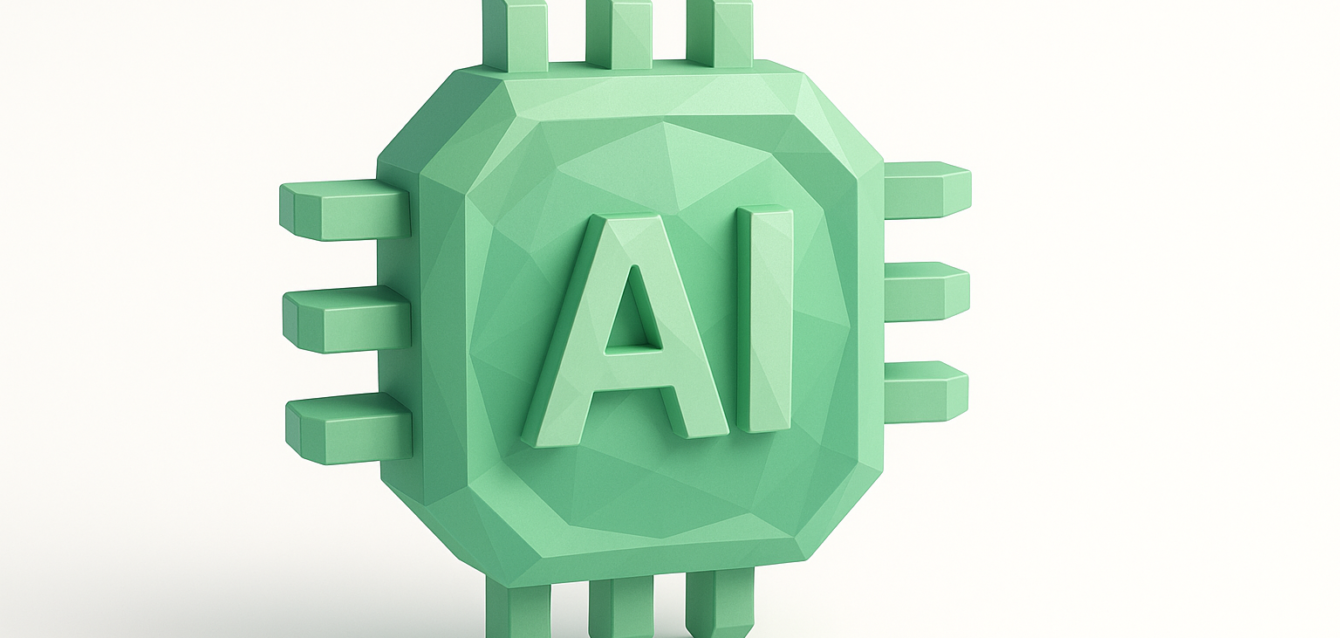 Green 3D stylized microchip with raised 'AI' letters, symbolizing AI tools and automation for startup growth