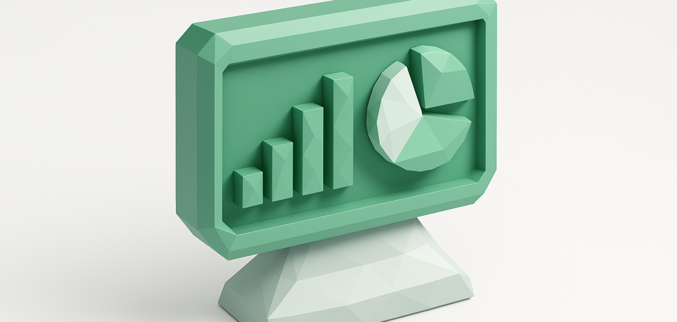 Low-poly 3D monitor icon showing a green bar chart and pie chart, symbolizing low-code internal dashboard analytics and data visualization for 2026
