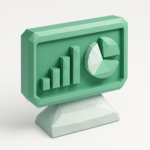 Low-poly 3D monitor icon showing a green bar chart and pie chart, symbolizing low-code internal dashboard analytics and data visualization for 2026