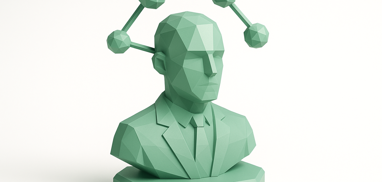 Low-poly green bust of a suited figure with connected spherical nodes around the head, symbolizing AI networks and fast, flexible AI solutions for businesses.